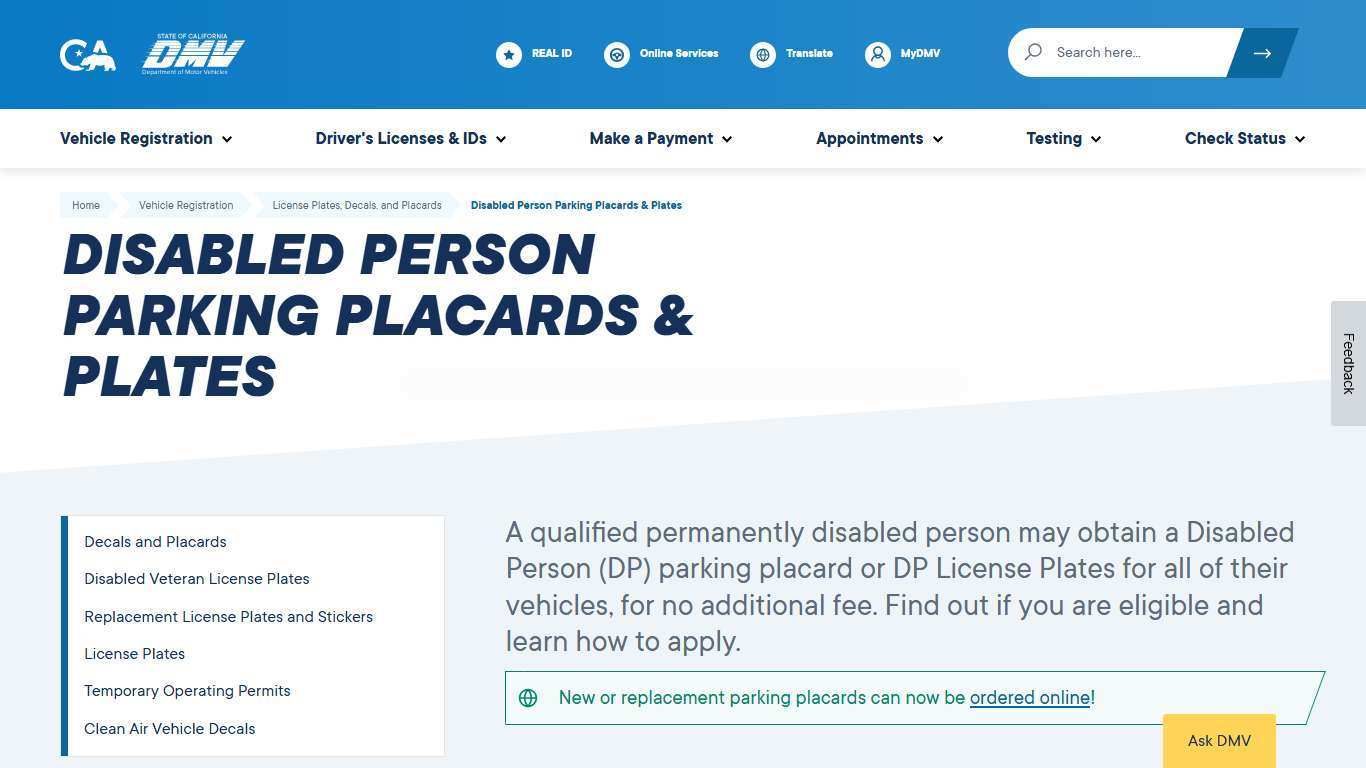Disabled Person Parking Placards & Plates - California DMV